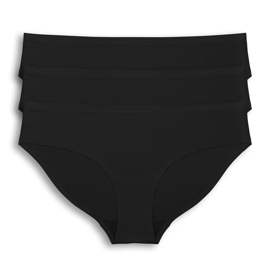 Three black Parfait Lingerie Seamless Hipster Panties in a pack, showcasing soft, stretchy fabric and a comfortable fit.