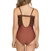 Back view of Parfait Lingerie Pure Ruffle Keyhole One Piece Swimsuit in terracotta with ruffle details and keyhole design.