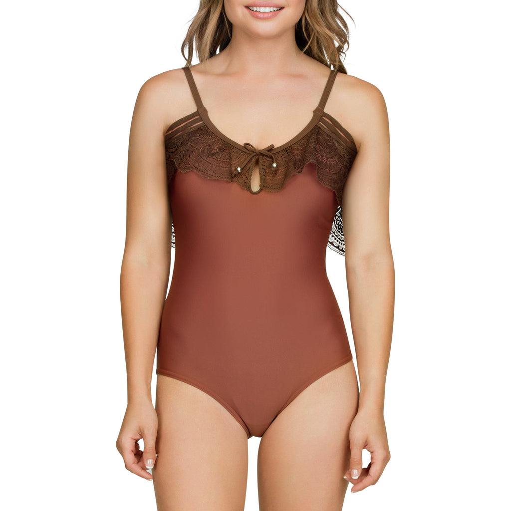 Terracotta ruffle keyhole one-piece swimsuit by Parfait Lingerie, front view showing ruffled details and classic fit.