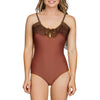 Terracotta ruffle keyhole one-piece swimsuit by Parfait Lingerie, front view showing ruffled details and classic fit.