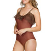 Side view of a terracotta Pure Ruffle Keyhole One Piece Swimsuit by Parfait Lingerie, showcasing ruffle details and keyhole design.