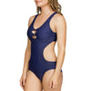 Side view of Parfait Lingerie Storm cut-out racerback one-piece swimsuit in twilight color, showcasing stylish cut-out design.