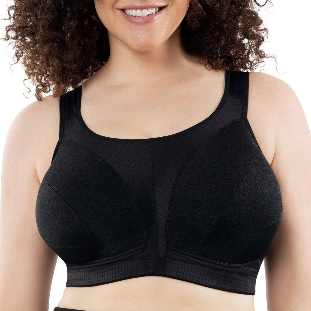 Black Parfait Lingerie active full bust unlined sports bra with supportive front, wire-free design and adjustable straps.