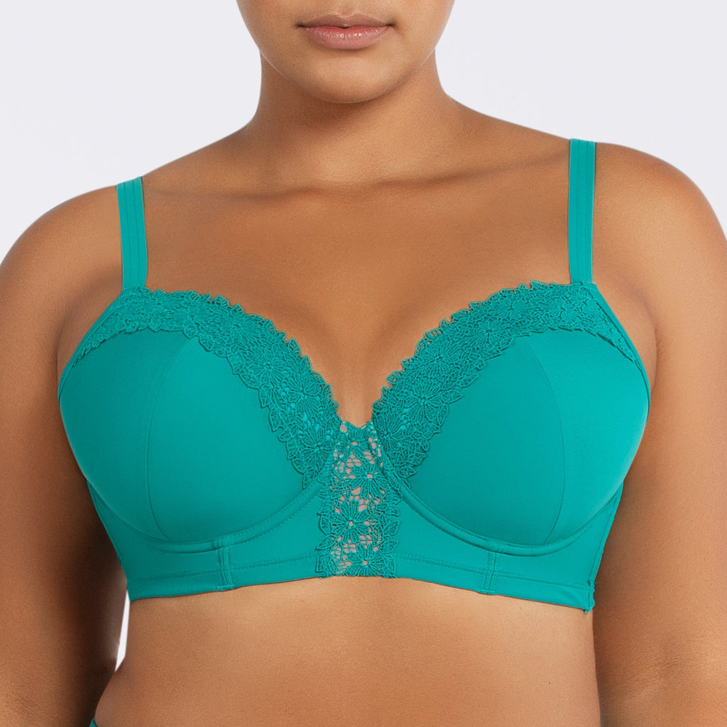 Parfait Lingerie Brigitte Demi Cup underwire balconette longline bikini top with embroidery detail in dark mint, front view.