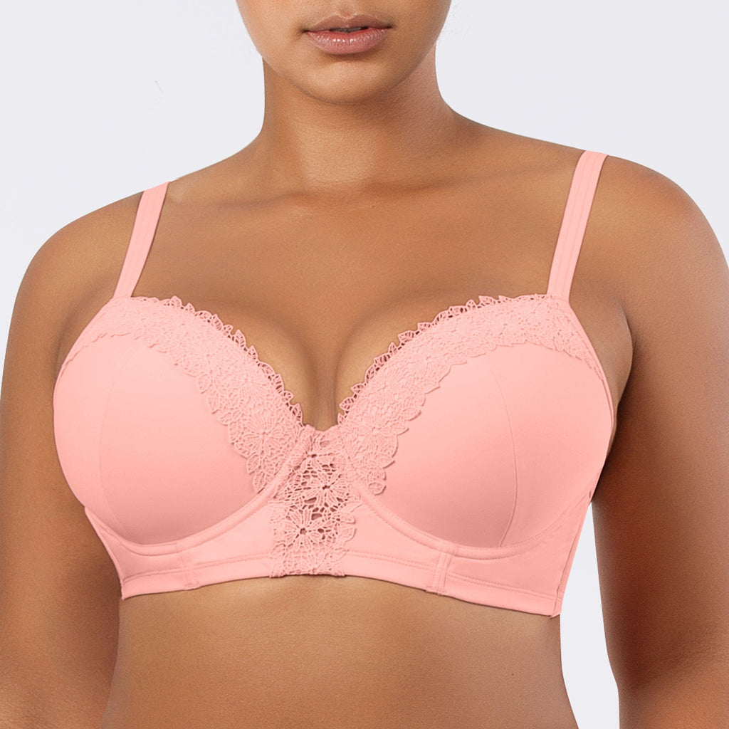 Parfait Lingerie Brigitte demi cup underwire balconette longline bikini top with embroidery detail in Peach Bud, front view.