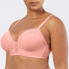 Parfait Lingerie Brigitte demi cup underwire balconette longline bikini top with embroidery detail in Peach Bud, side view.