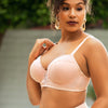 Parfait Lingerie Brigitte demi cup underwire balconette longline bikini top with embroidery detail in Peach Bud color.