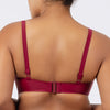 Back view of Parfait Lingerie Brigitte demi cup underwire balconette longline bikini top with embroidery detail in rumba red.