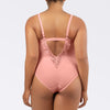 Back view of Parfait Lingerie Brigitte V-Neck One Piece Swimsuit in Peach Bud with lace detail and full coverage.