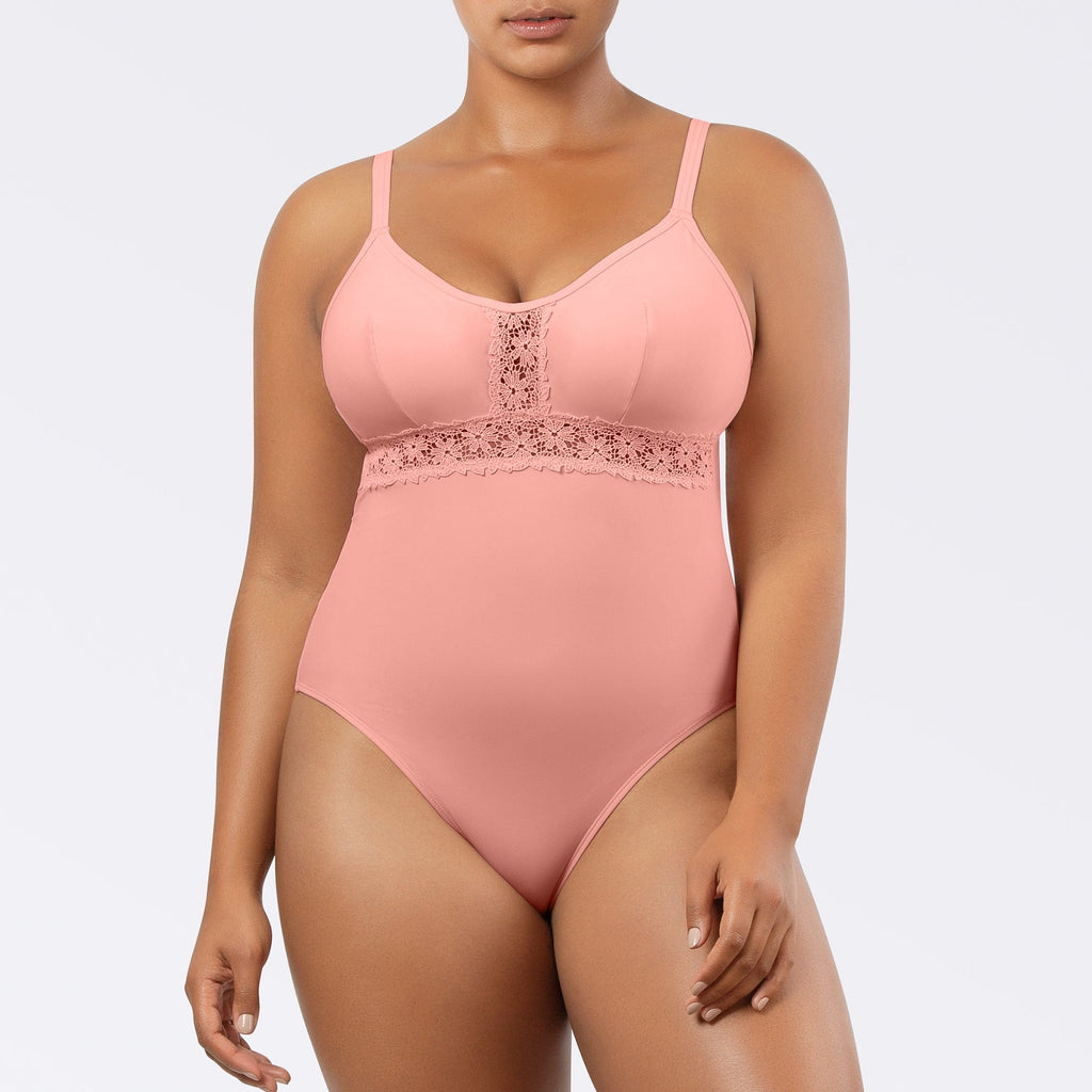 Peach Bud Brigitte V-neck one-piece swimsuit with lace detail, shelf bra, and full coverage by Parfait Lingerie.