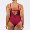 Back view of Parfait Brigitte V-neck one-piece swimsuit with lace detail, shelf bra, and full coverage in Rumba Red.