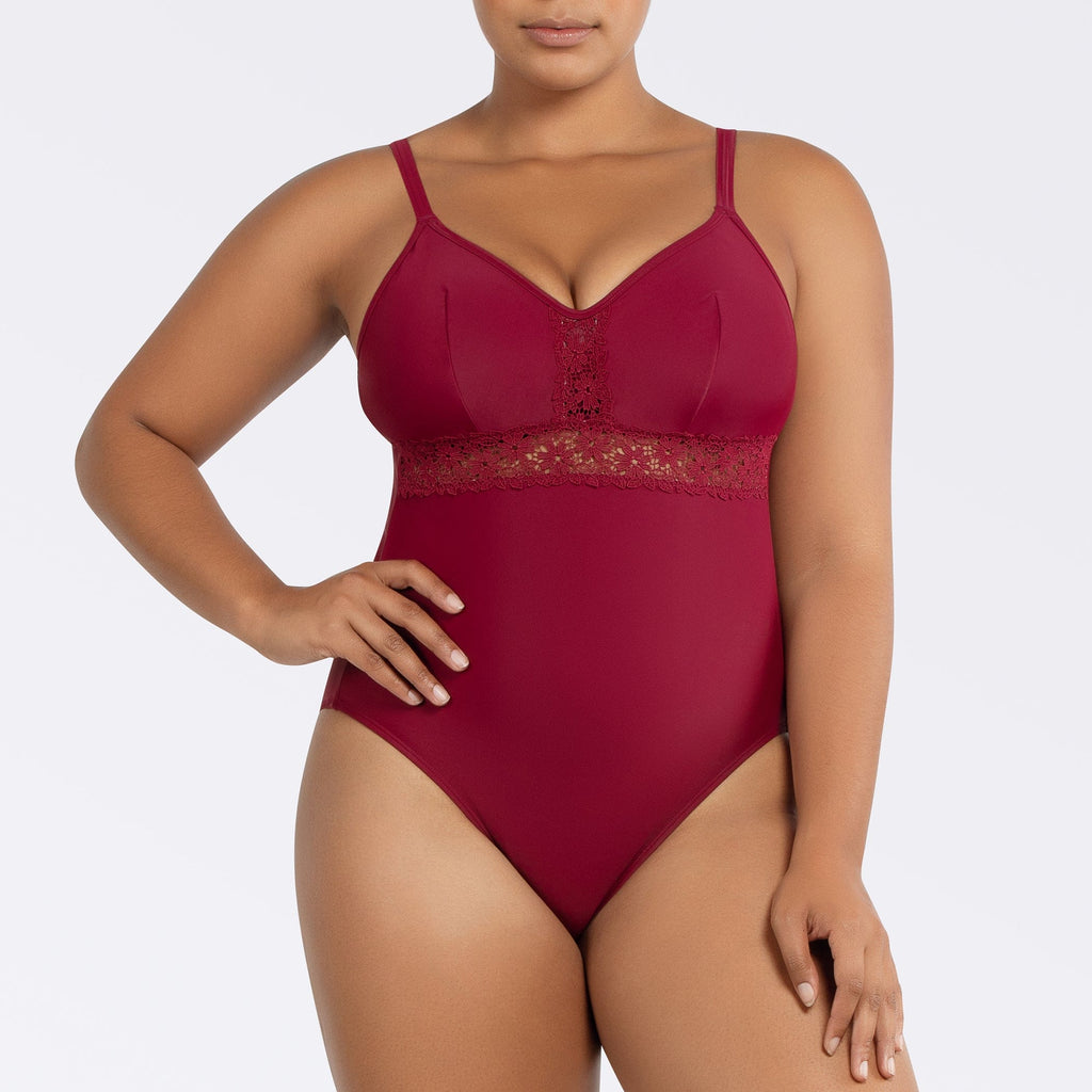 Parfait Lingerie Brigitte Rumba Red V-neck one-piece swimsuit with lace detail, shelf bra, and full coverage, front view.
