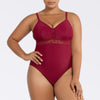 Parfait Lingerie Brigitte Rumba Red V-neck one-piece swimsuit with lace detail, shelf bra, and full coverage, front view.
