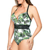 Side view of Parfait Lingerie Christy underwire one-piece swimsuit with deep V neck and wild leaf print.
