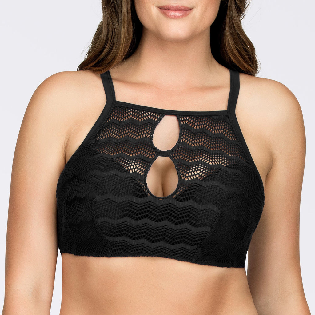 Black Keira halter bikini top by Parfait Lingerie with crochet design and underwire support, shown from the front.