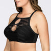 Black Keira halter bikini top by Parfait Lingerie featuring crochet design and underwire support, shown from side view.