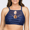 Parfait Lingerie Keira halter bikini top in twilight with crochet design and underwire support, front view.