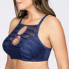 Parfait Lingerie Keira halter bikini top in Twilight with crochet design, underwire support, shown from side view.