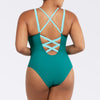 Dark mint Lauren wireless one-piece swimsuit by Parfait Lingerie with a deep U-back and shelf bra design.