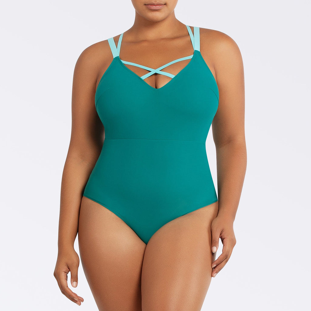 Dark mint Lauren wireless one-piece swimsuit by Parfait Lingerie with shelf bra and deep U-back, shown from the front.
