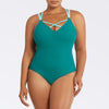 Dark mint Lauren wireless one-piece swimsuit by Parfait Lingerie with shelf bra and deep U-back, shown from the front.