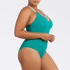 Dark mint Lauren wireless one-piece swimsuit by Parfait Lingerie with shelf bra and deep U-back, shown from the side.