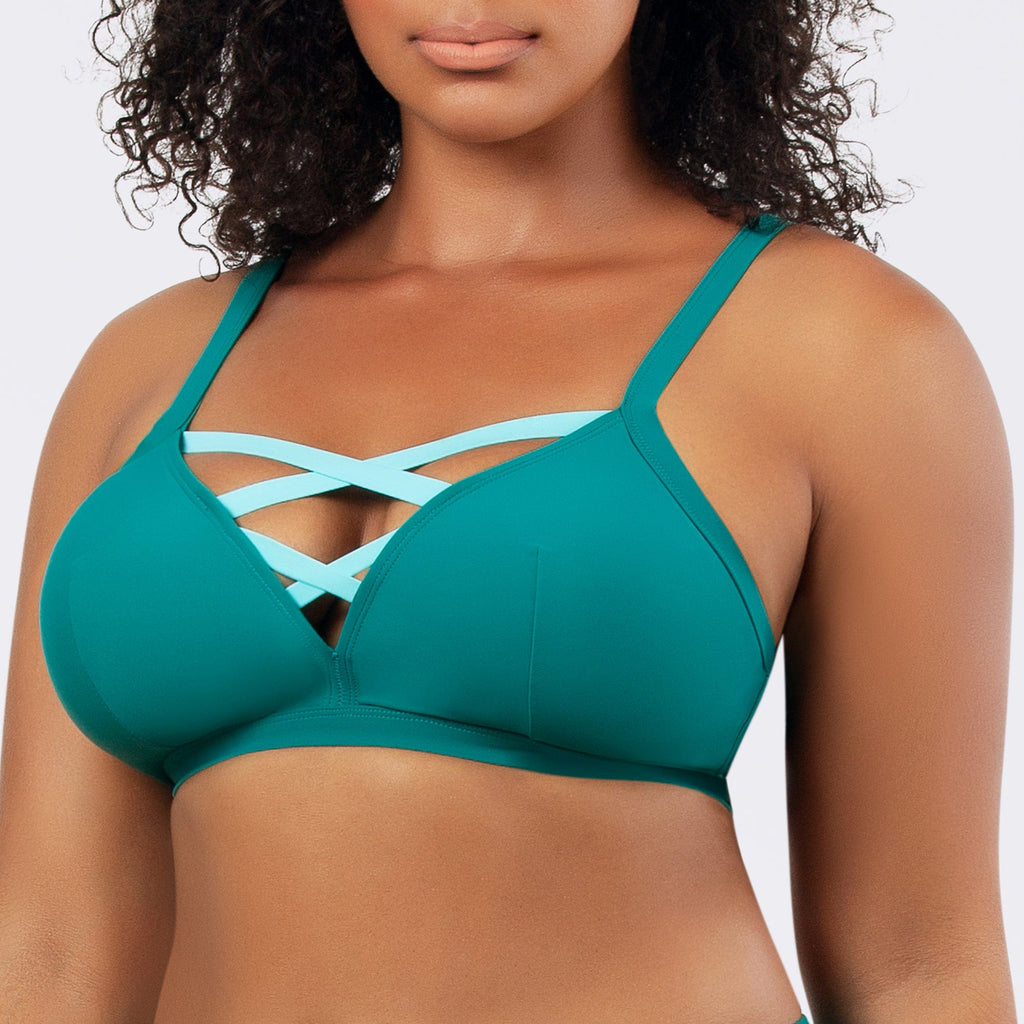 Dark mint Lauren wireless triangle bikini top by Parfait Lingerie with strappy back and removable padding, front view.