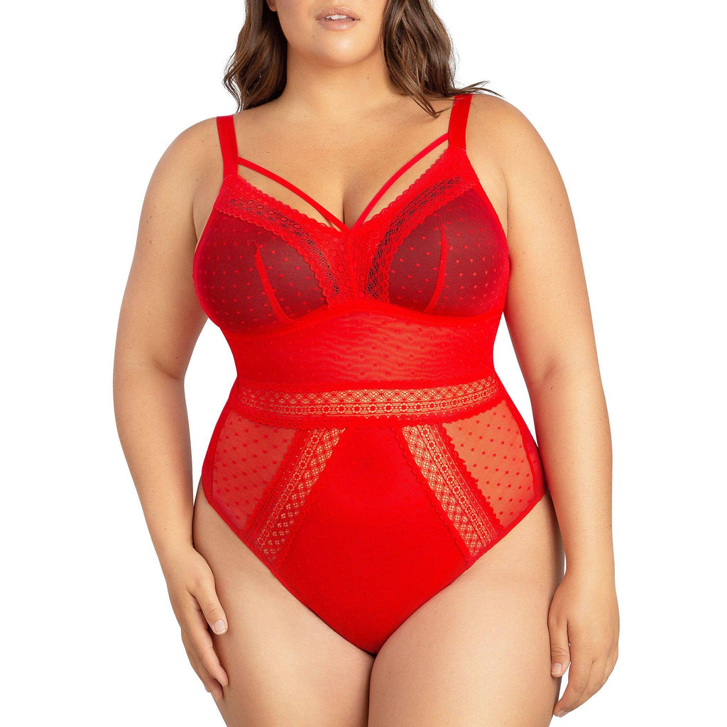Red Parfait Lingerie Mia wire-free full bust padded mesh bodysuit shown from the front.