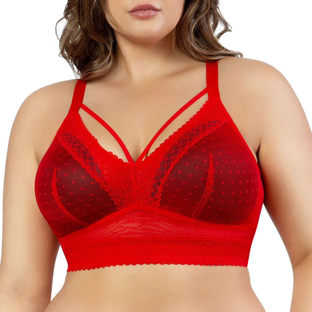 Parfait Lingerie Mia wire-free padded bralette in racing red, front view showing soft mesh fabric and full bust support.