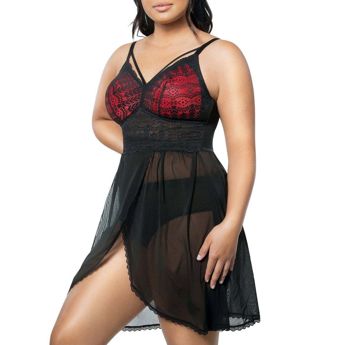 Black Mia Lace Chemise by Parfait Lingerie featuring delicate lace details and a wire-free, comfortable fit, shown from the side.