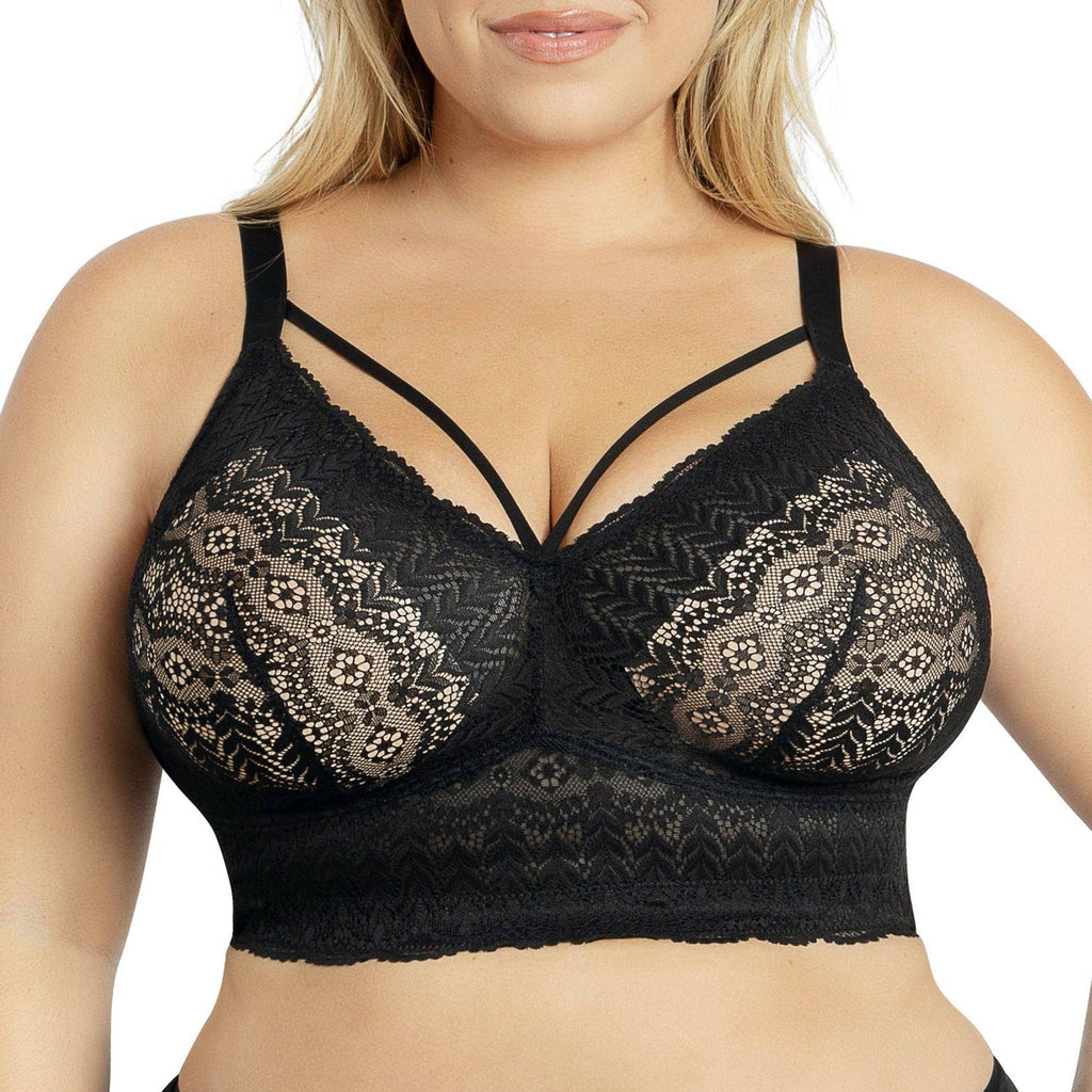 Black wire-free lace bralette with full bust support, featuring padded cups and delicate lace details from Parfait Lingerie.