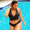 Black Rita longline bikini top with cross back straps and shirred contour cups, by Parfait Lingerie.