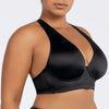 Black Rita Longline Bikini Top by Parfait Lingerie with cross back straps and shirred contour cups, shown from side view.