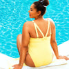 Lemon drop Vivien One Piece Swimsuit by Parfait Lingerie with shelf bra, shirred detail, and bow back design.