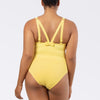 Parfait Lingerie Vivien lemon drop one-piece swimsuit with shelf bra, shirred detail, and bow back design.