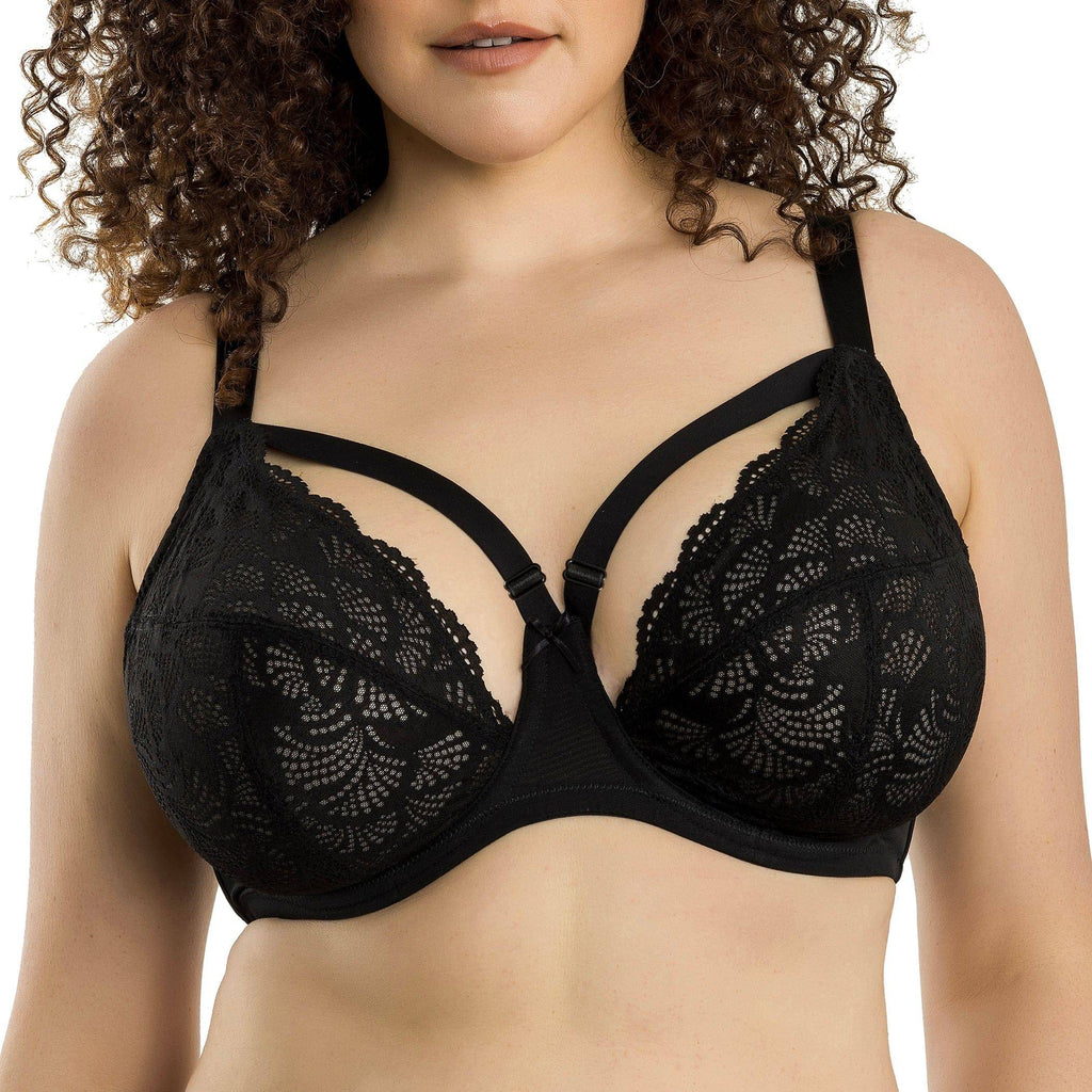Black Olivia unlined plunge bra by Parfait Lingerie with lace details, unpadded and supportive underwire design.