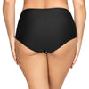 Black Keira high-waist bikini bottom with crochet lace panels and front bow, shown from the back.