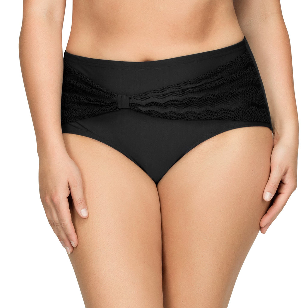 Black Keira high-waist bikini bottom by Parfait Lingerie with crochet lace panels and a front bow, shown from the front.