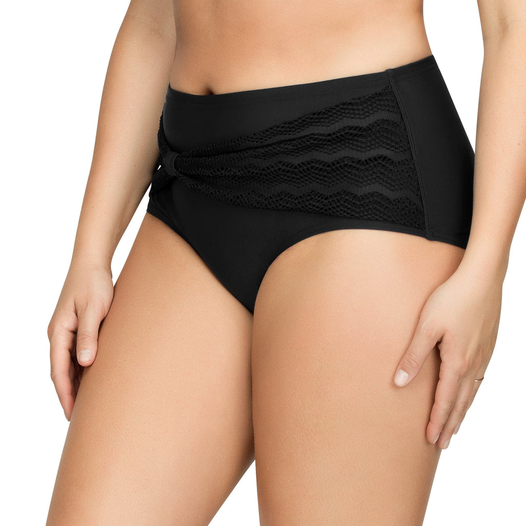 Black Keira high-waist bikini bottom by Parfait Lingerie with crochet lace panels and a front bow, shown from the front.