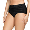 Black Keira high-waist bikini bottom with crochet lace panels and front bow, featuring a stylish and comfortable design by Parfait Lingerie.
