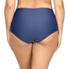 Back view of Keira high-waist bikini bottom by Parfait Lingerie featuring crochet lace panels and a front bow, in twilight color.
