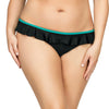 Black microfiber bikini bottom with ruffle waistline detail from Parfait Lingerie, featuring emerald accents in front view.