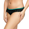 Parfait Lingerie Farah microfiber bikini bottom with ruffle waistline in black and emerald, shown from side angle.