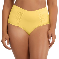 Front view of Parfait Lingerie Vivien high waist bikini bottom in Lemon Drop with full coverage and retro style.