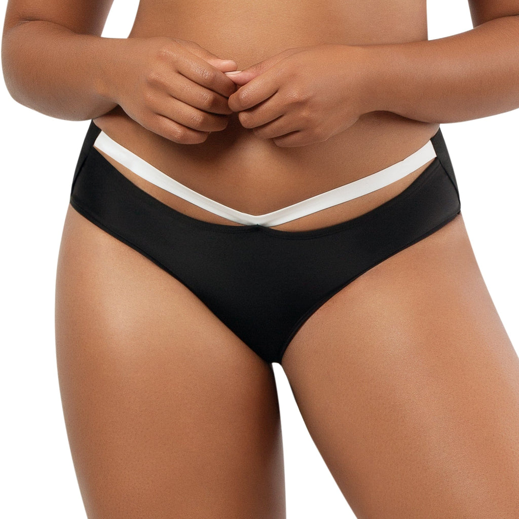 Black high waist bikini bottom with white contrast panels from Parfait Lingerie, featuring sculpting design and front view.