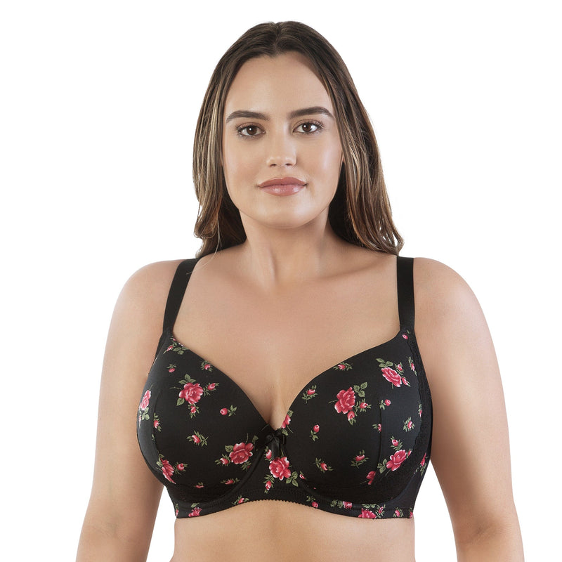 Casey Plunge Molded T-Shirt Bra - Black w/ Rose Print