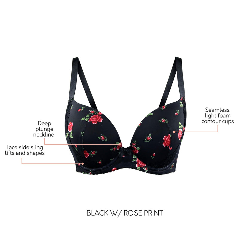 Casey Plunge Molded T-Shirt Bra - Black w/ Rose Print